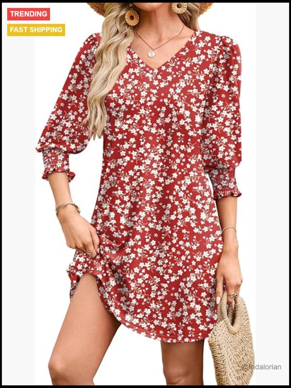 3/4 Sleeve Midi Dress with Pockets, V-Neck, Flowy Fit - Picture 1 of 7